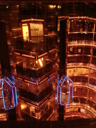 Glass elevators at night