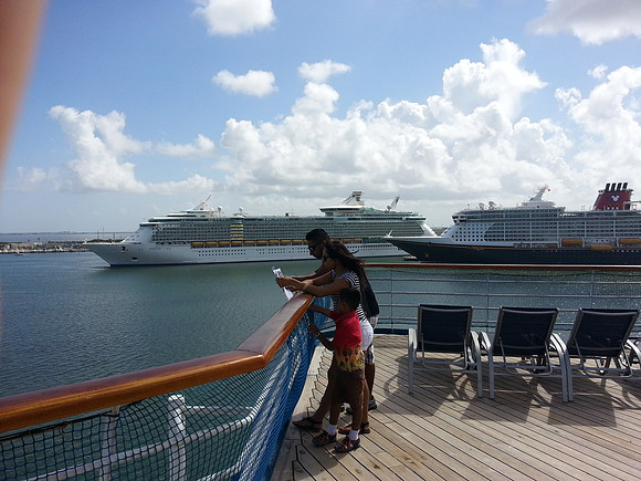 On the boat, still in dock. Ship delay in leaving 1 & half hours waiting on another ship to leave.