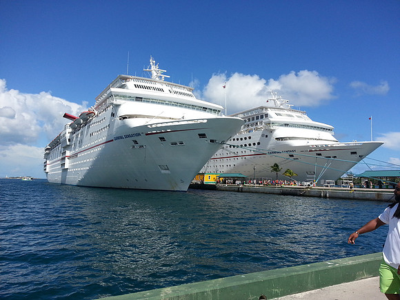 Our Ship The Sensation on the left as we go a land.
